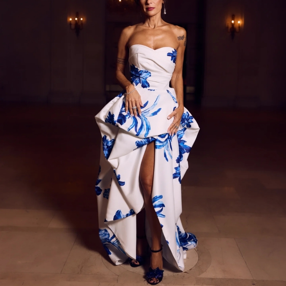 Gorgeous Blue And White Floral Strapless Gown